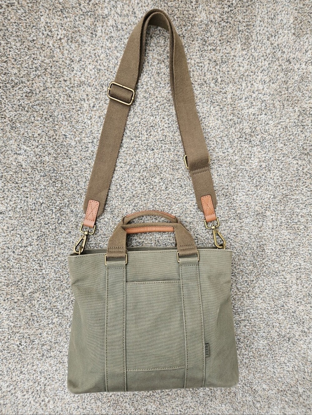 FEED Work Tote Small Canvas Crossbody Bag Olive Green Brown Leather Purse